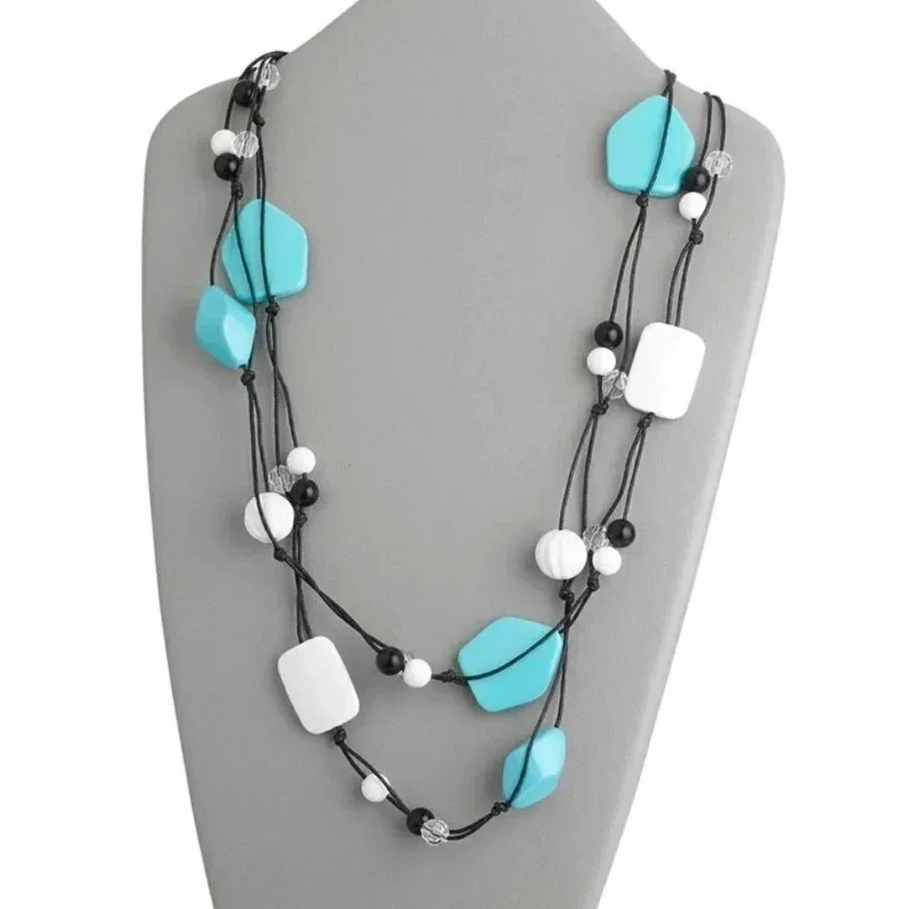 Retro Vintage Chunky Black White Clear Turquoise Acrylic Beads 54" Long Necklace